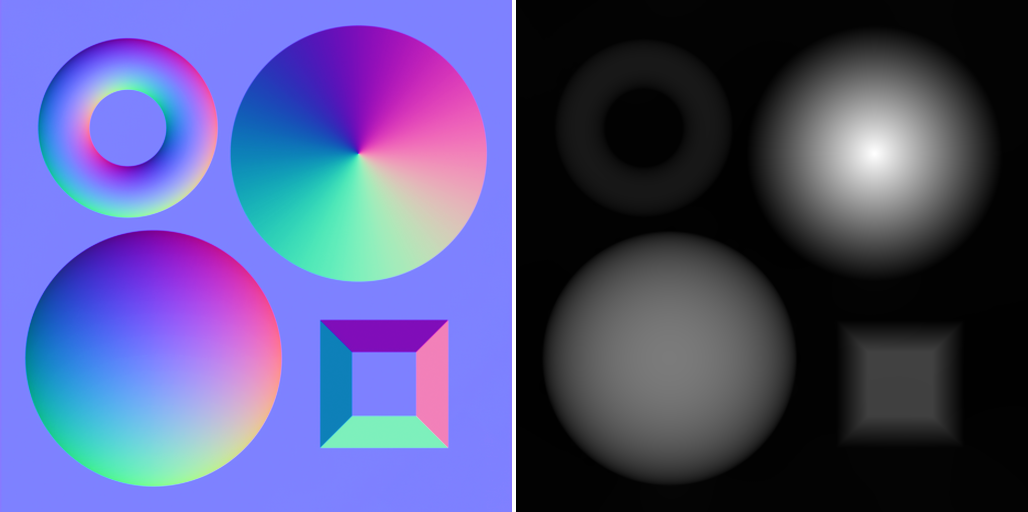 A side by side comparison of a normal map, and the height map generated from it